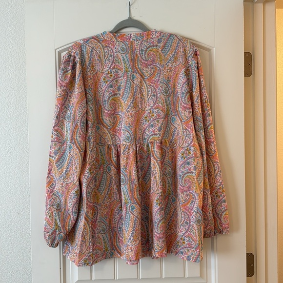 Peacock Pattern Print Tie Neck Lantern Sleeve Blouse Peplum Top - Picture 7 of 8